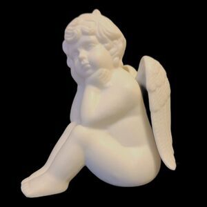 Contemplating Cherub with Hands on Cheeks White Porcelain Unmarked